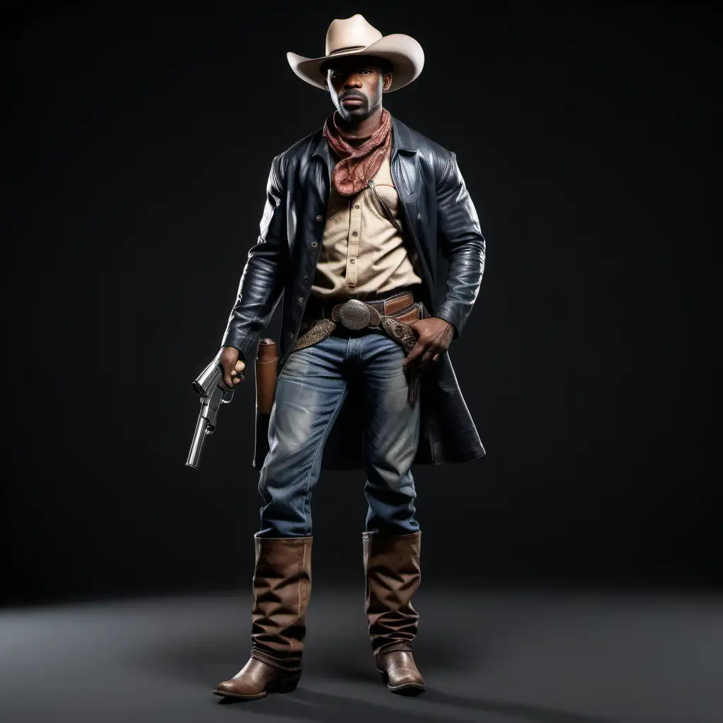 full body view, rugged  african- American cowboy ,  gun fighter, look to the left, semi realistic