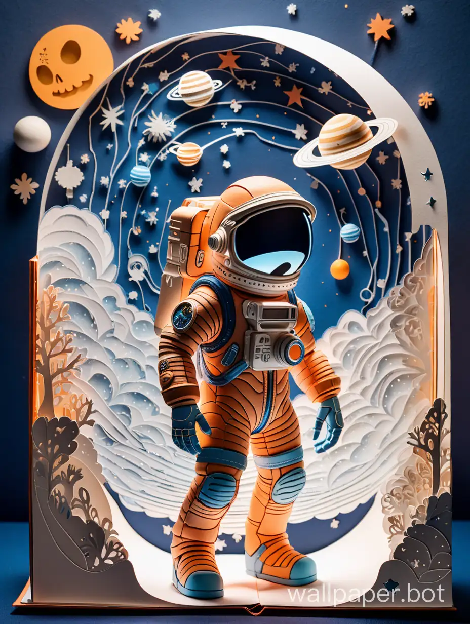 skullhead, Paper cut out, like a pop up book. Dreamy cinematic atmosphere. Solar system. Faded orange and blue colours. Twinkling lights. Spacesuit.