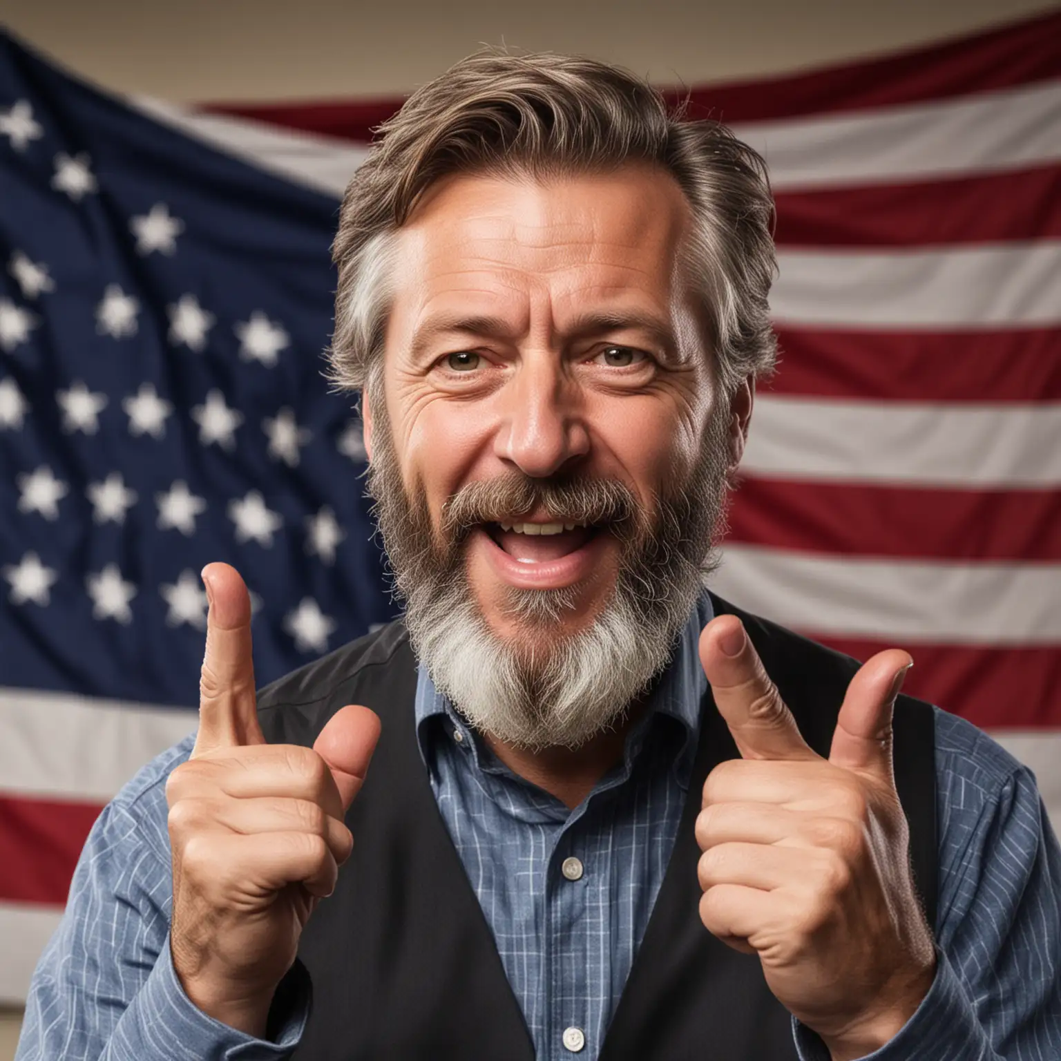 Bearded German Man Celebrates Success with American Flag Background