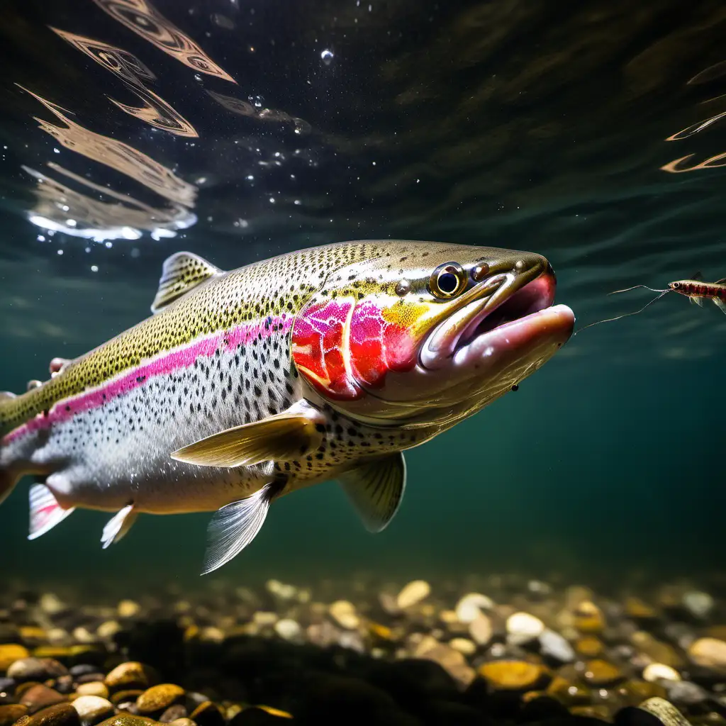 a picture of a underwater rainbow trout from a low angle. He is about to eat a small insect off the surface of the water. 
