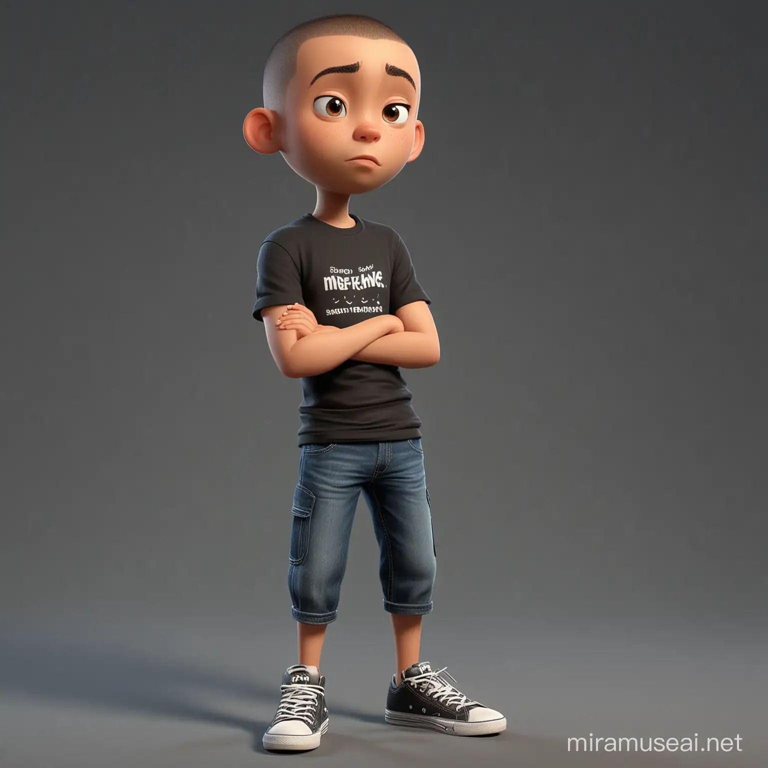 A thin Indonesian boy in cartoon style, A skeptical look, clean face, buzz cut hair style, Wearing a black T-shirt without inscriptions, Arms crossed on the chest, dark jeans, sneakers, full-body shot, offended pose, in full growth, maximum detail, best quality, HD, gorgeous light and shadow, detailed design, 3D quality