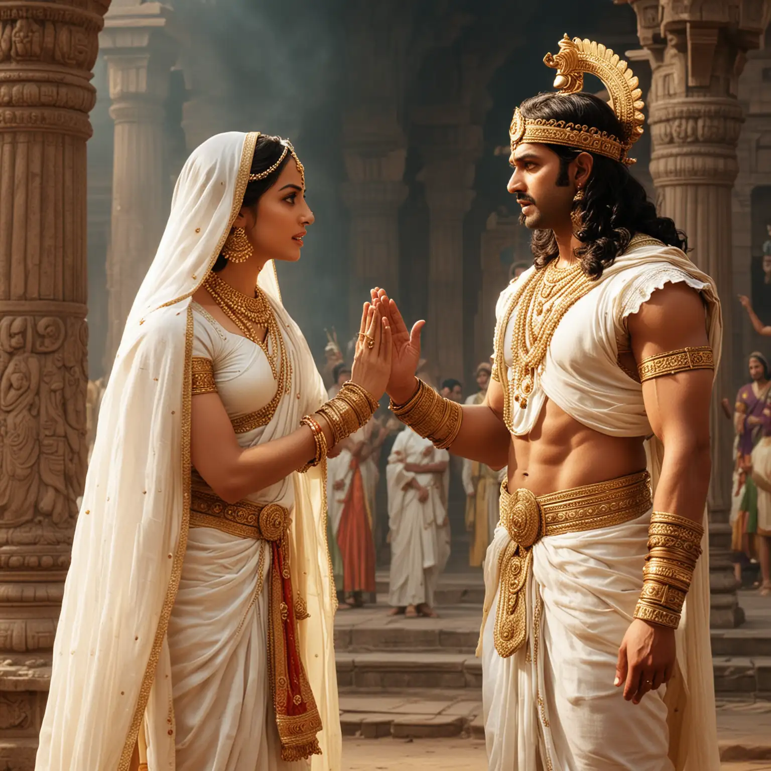 generate mahabharat character bhisma male dressed in white standing and having conversation with princess amba in an argument


