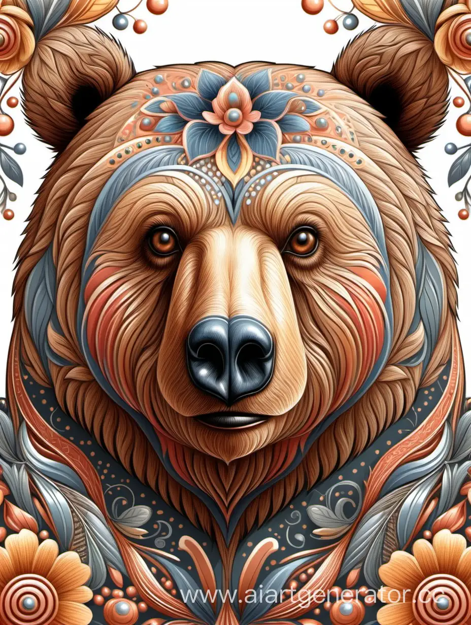 Детализированный портрет взрослого медведя вектор, фон из узора хохломы, пастельные цвета. Высокое качество, фотореализм
