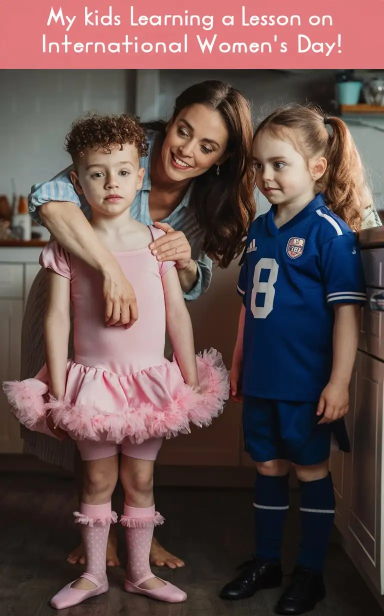 Gender role-reversal, Photograph of a mother dressing her young son, a boy age 8 with a cute thin face and short smart curly hair shaved on the sides and square black glasses, up in a pink ballerina dress and frilly socks, and she is dressing her young daughter, a girl age 9 with long hair in a ponytail, up in a blue football uniform, in a kitchen, adorable, perfect children faces, perfect faces, clear faces, perfect eyes, perfect noses, smooth skin, the photograph is captioned below “My kids learning a lesson on International Woman’s Day! =D”