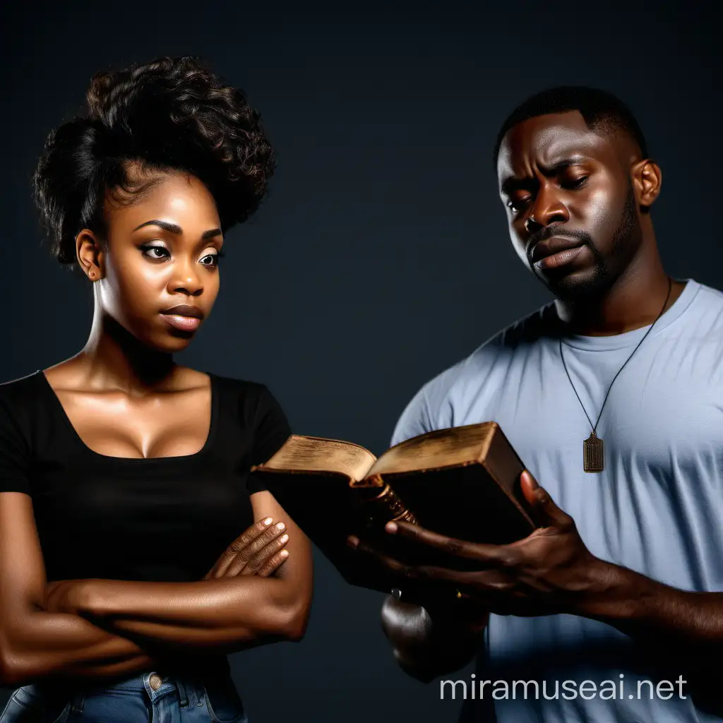A black man holding a Bible and a black woman saying no to him with her hands folded ultrarealistic 