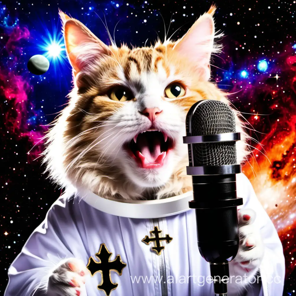 bishop cat in space singing in microphone