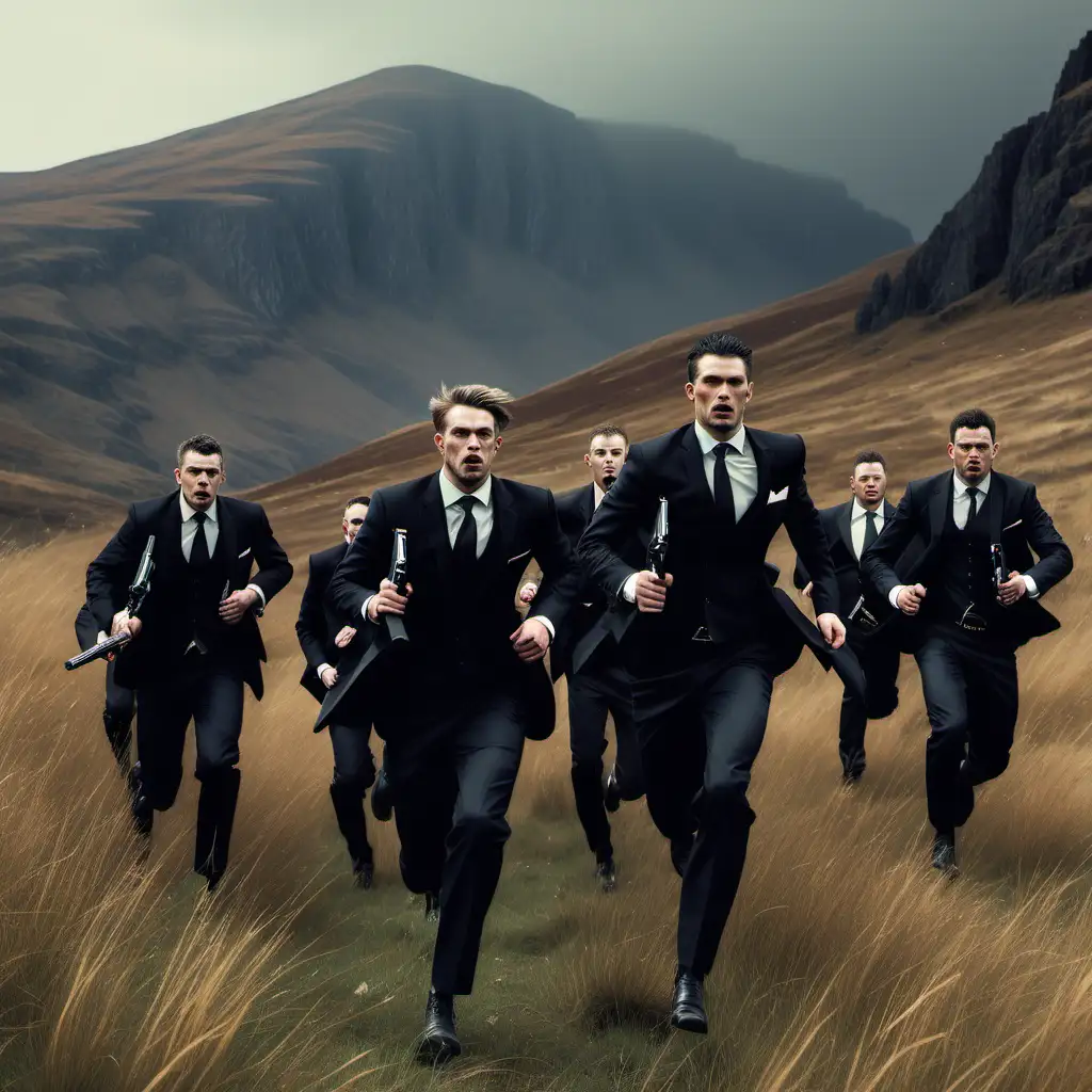 seven armed men with guns,  wearing black suits  running over the rugged Scottish mountains and grasslands 