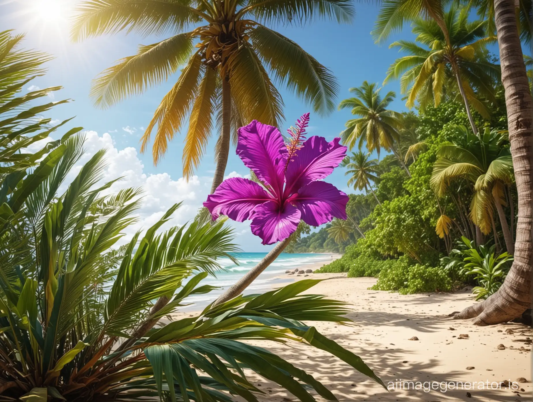 Tropical beach landscape with tropical leaves and one or two tropical purple flower, coconut tree, sunny day, realistic photo, detailed painting, deep color, natural