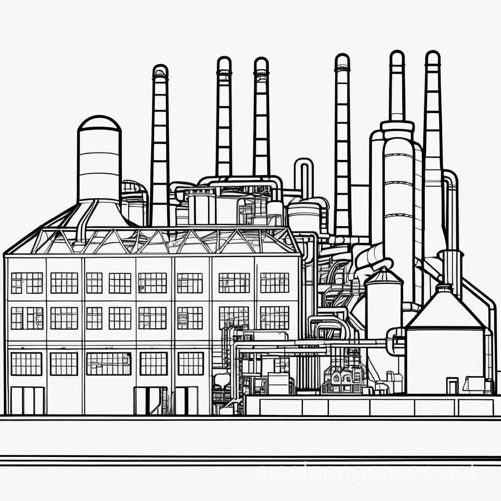 rust belt showing a factory, Coloring Page, black and white, line art, white background, Simplicity, Ample White Space. The background of the coloring page is plain white to make it easy for young children to color within the lines. The outlines of all the subjects are easy to distinguish, making it simple for kids to color without too much difficulty