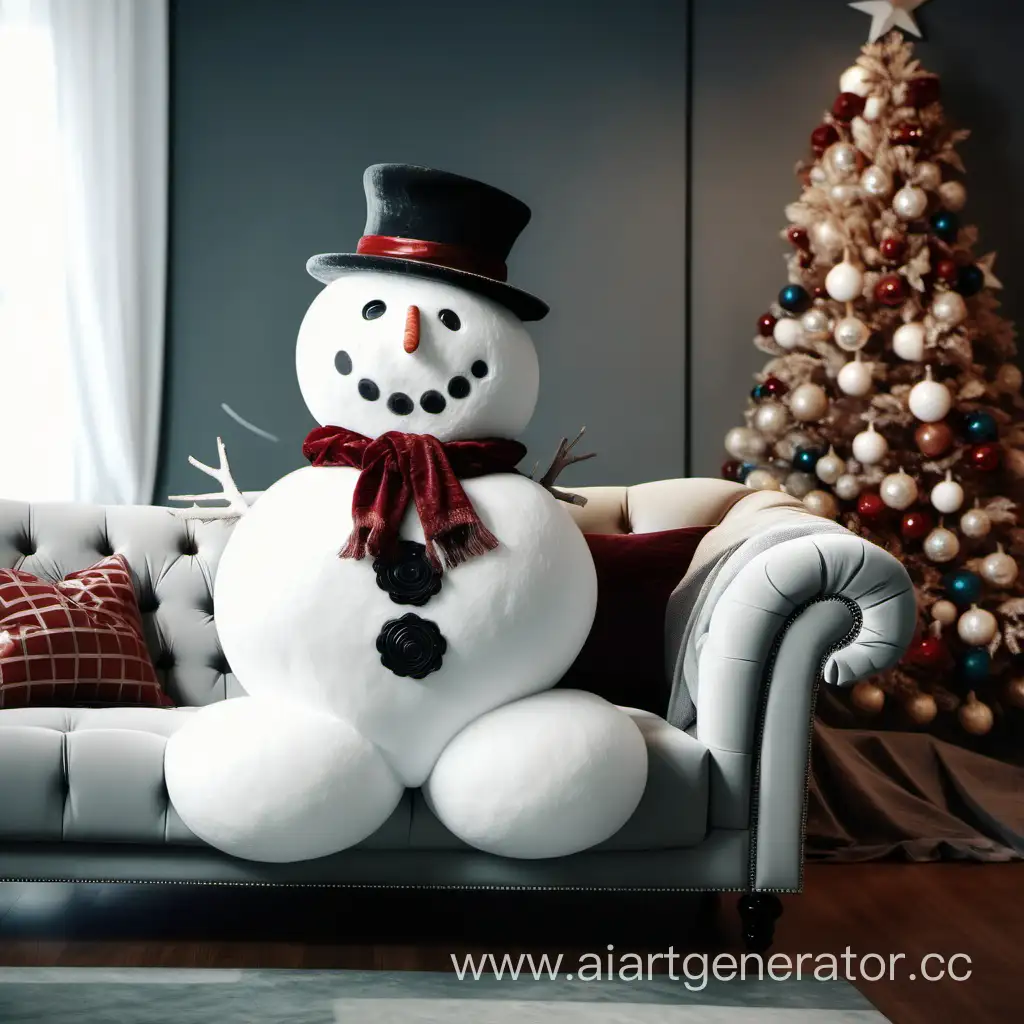 A snowman is sitting on a fashionable sofa in a decorated room and smiling