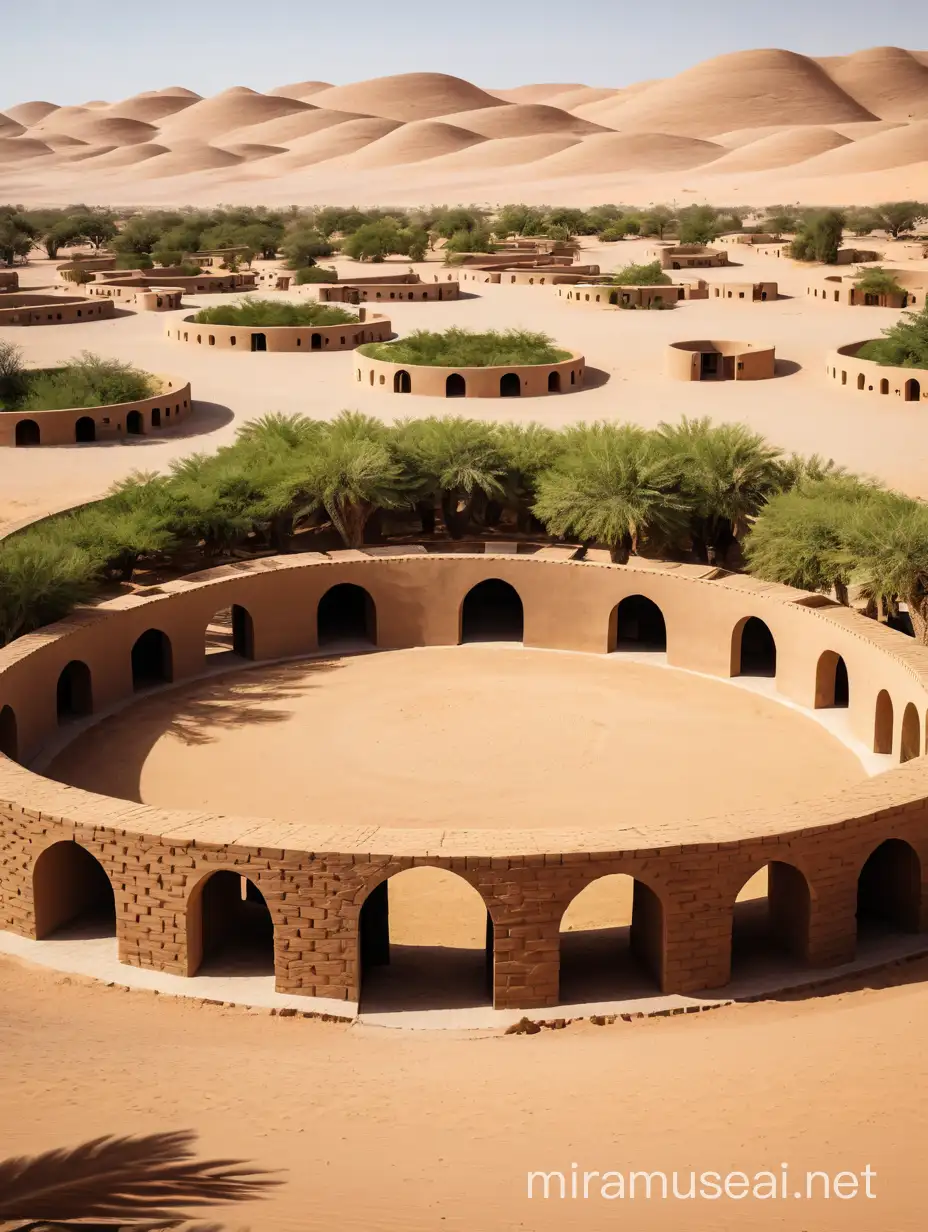 Desert Oasis Architectural Marvel Cylindrical Buildings with TreeLaden Courtyards