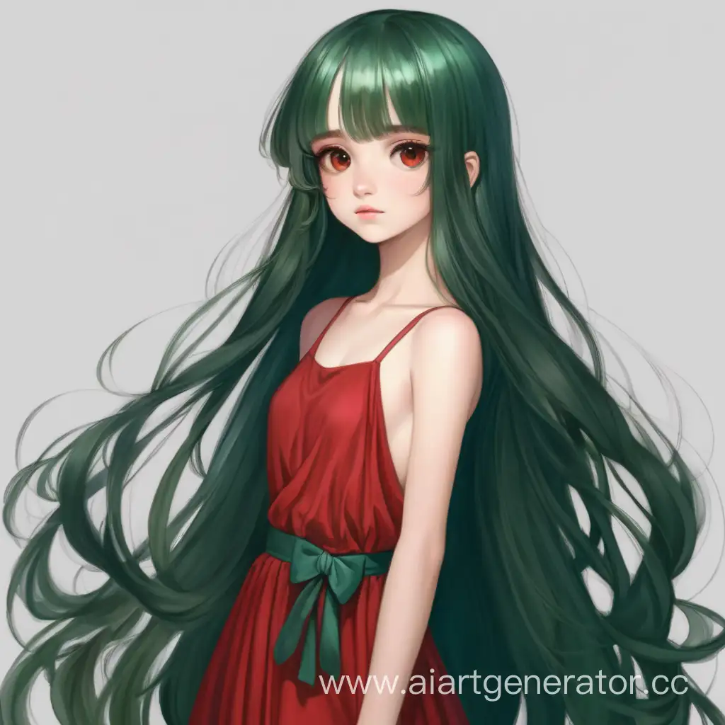 Enchanting-Girl-in-Elegant-Red-Dress-with-Long-Dark-Green-Hair