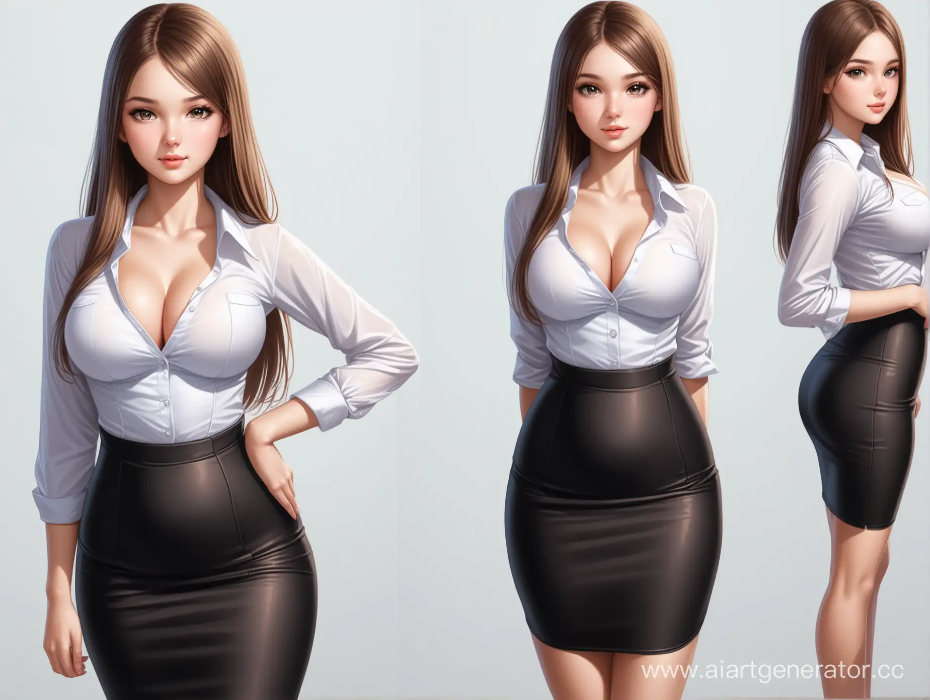 russian busty nice teen high schoolgirl, white unbuttoned fitted blouse, long black tight skirt with peplum, narrow waist, hourglass figure,  from three angles, photorealism 8K