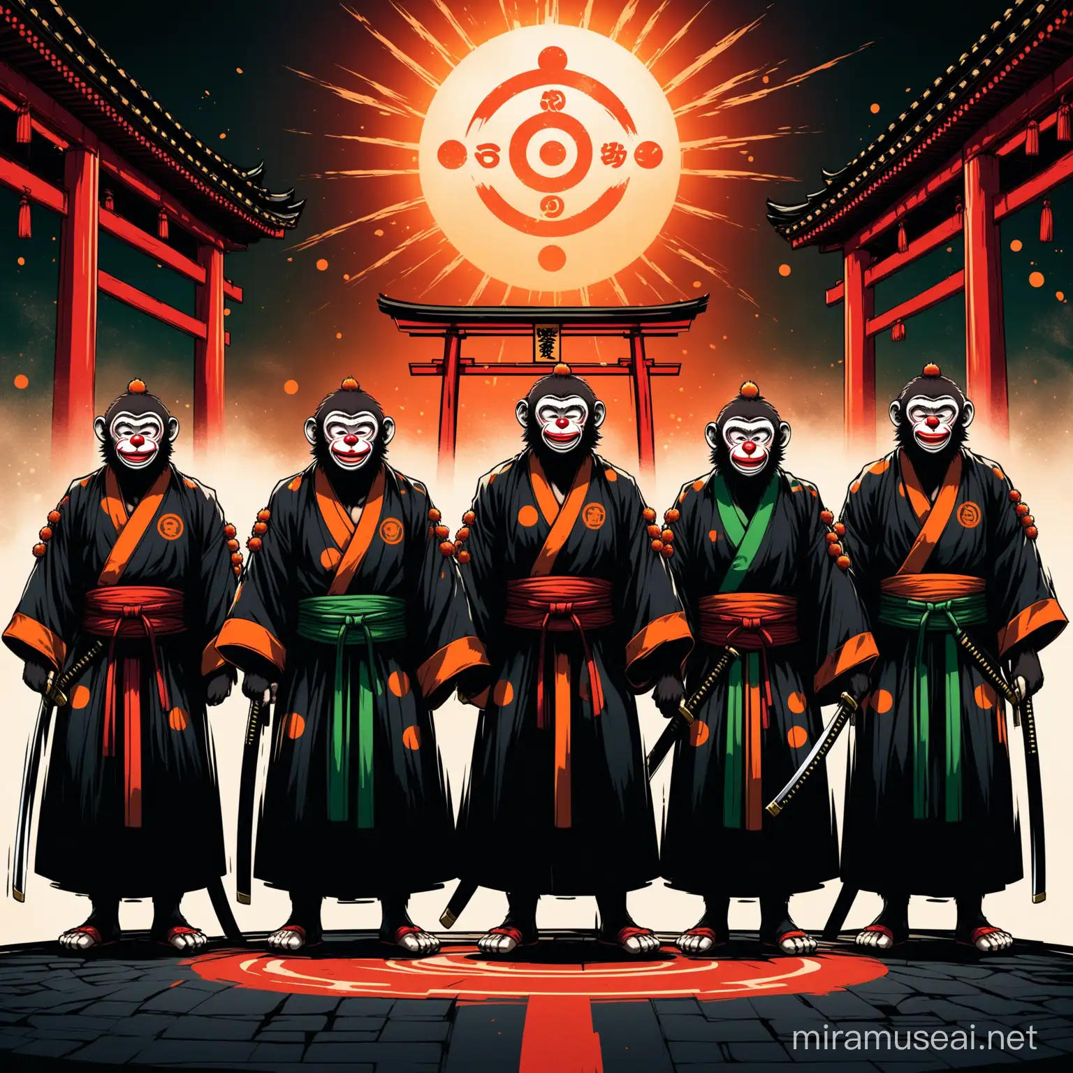 Clown-Monkey Group
appreance-noir/green lines/ ninja-attire/katana-runes/noir white/orange//full body/nlue hair/
background-noir red/temple/buddha//sun