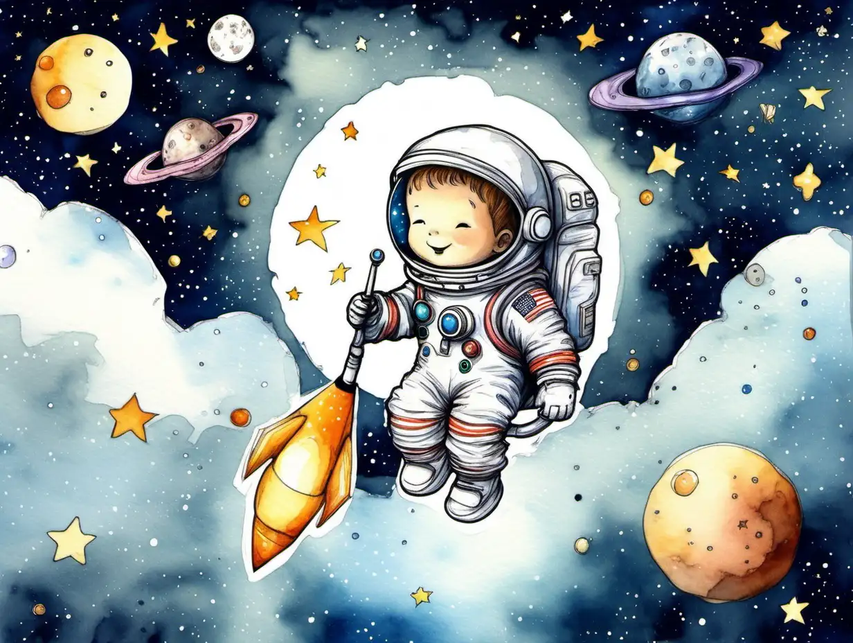Adorable Space Exploration Cute Astronaut in Rocket Soaring through Watercolor Galaxy