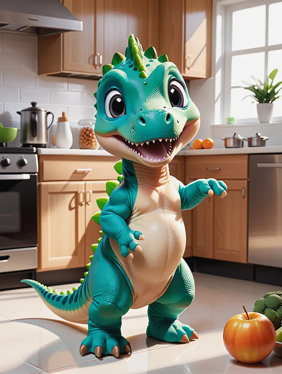 Adorable Baby Dinosaur Playfully Explores Kitchen