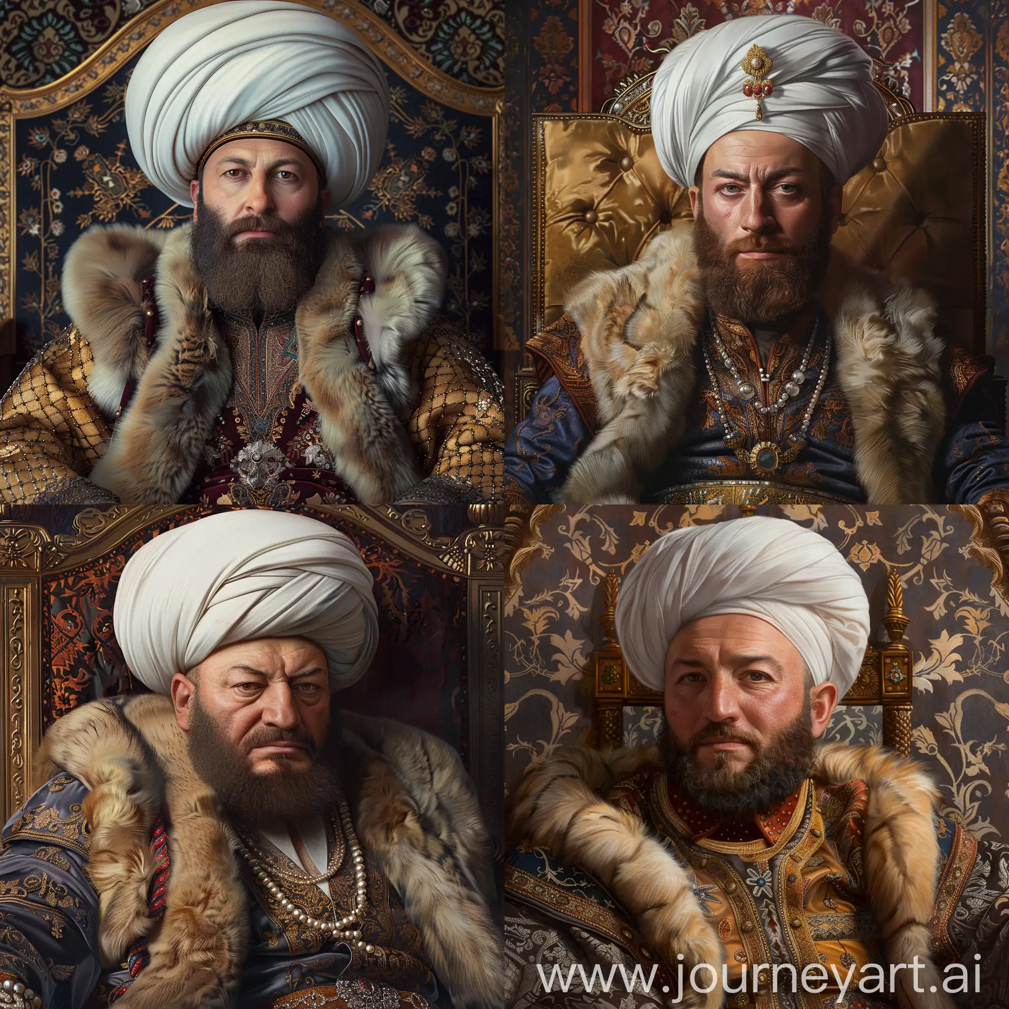 Ottoman Sultan Murad II on throne, İstanbul, Ottoman Palace, Ottoman motifs, depicted in luxury caftan with fur collars, big white turban, He has a broad and brown face, high cheek bones, a round beard, a great and crooked nose, with little eyes, photorealism, 8k