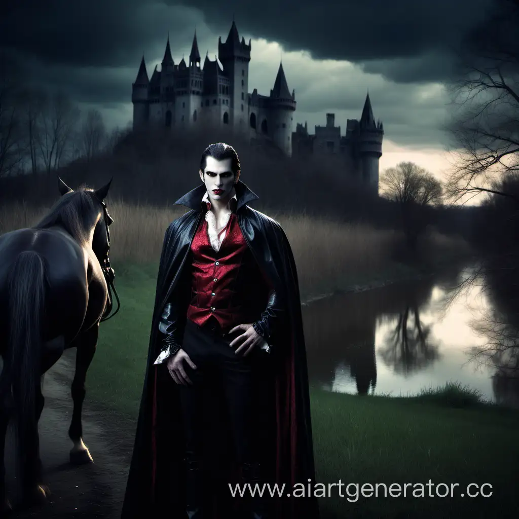 Majestic-Male-Vampire-by-the-Enchanted-Castle-with-Dark-Horse