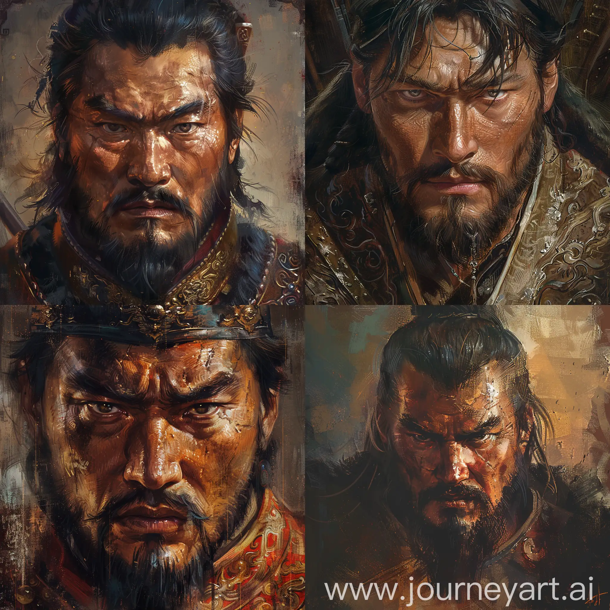 Detailed portrait of Genghis Khan in the style of classic oil painting, capturing his intense gaze and warrior spirit, rich colors and textures, historical accuracy, 4k resolution, dramatic lighting emphasizing shadows and highlights --s 150 --ar 1:1 --c 5