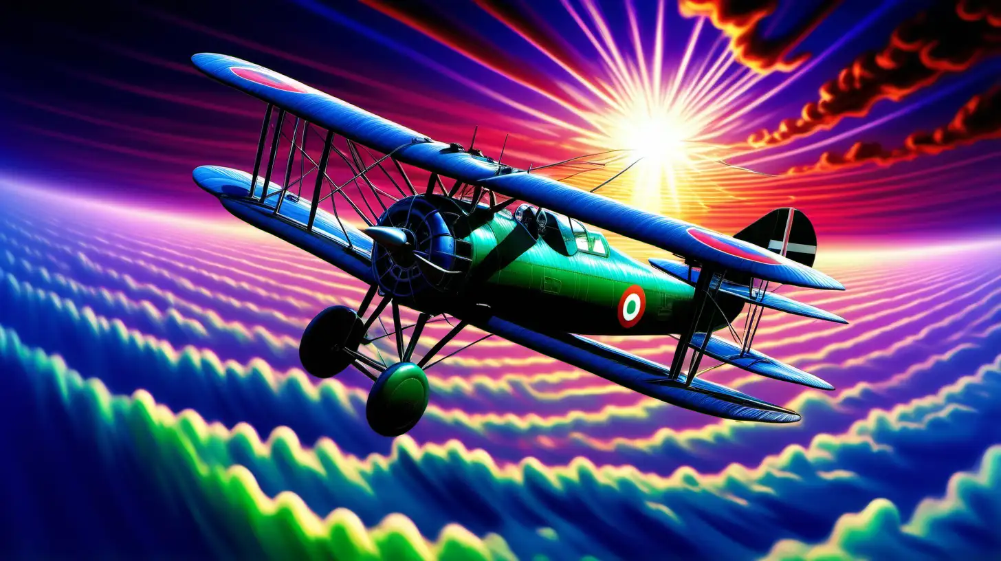 an Triplane. Fokker  military fighter jet flying just above sea level, racing under a vibrant ultraviolet glow, with lifelike and meticulously detailed renderings, spiraling whirlpools, imbued with dynamic energy, illuminated by sunbeams, Blue, green, red, vivid hues, pronounced contours, high contrast, dark, theme/background, birds-eye-view