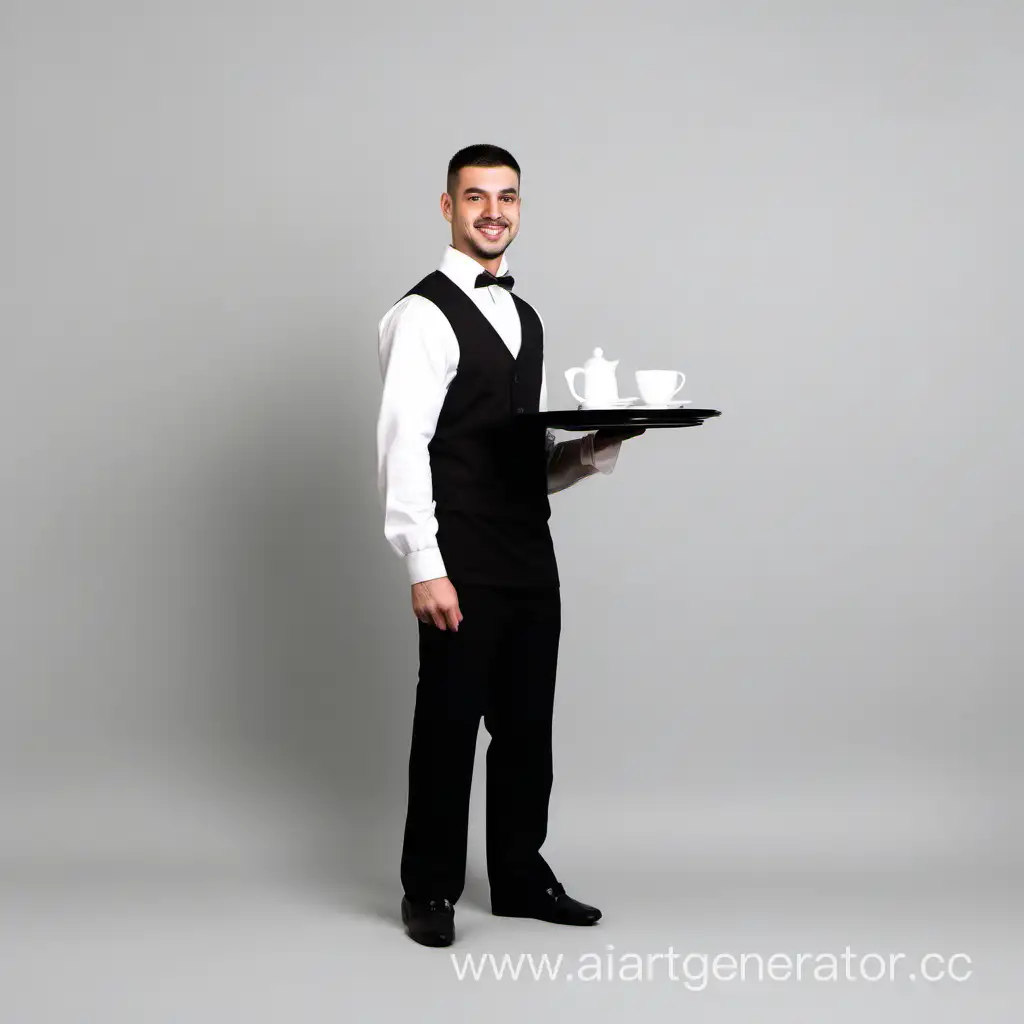 официант стоит с подносом