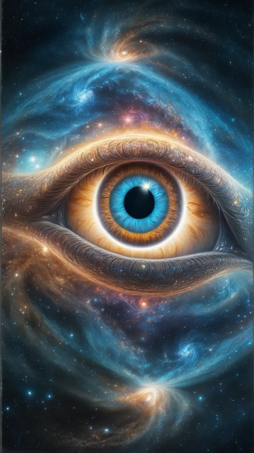 An AI-generated image of a gigantic, mystical eye opening in a cosmic backdrop, its gaze revealing hidden wonders of the universe.
