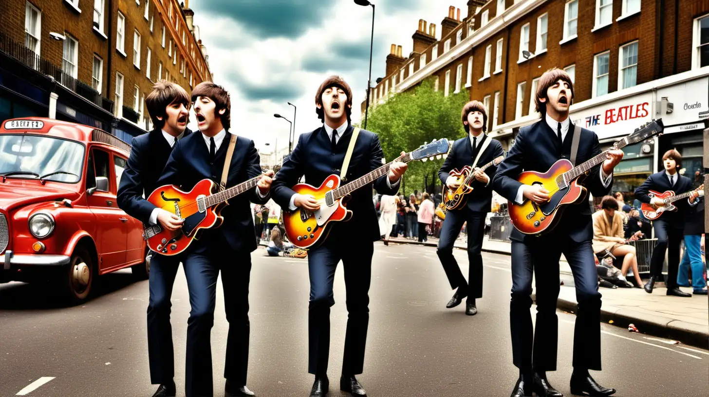 the beatles style music band there are playing guitars in the streets of london the sky is full of colros and there is a lots poeple around in the background 