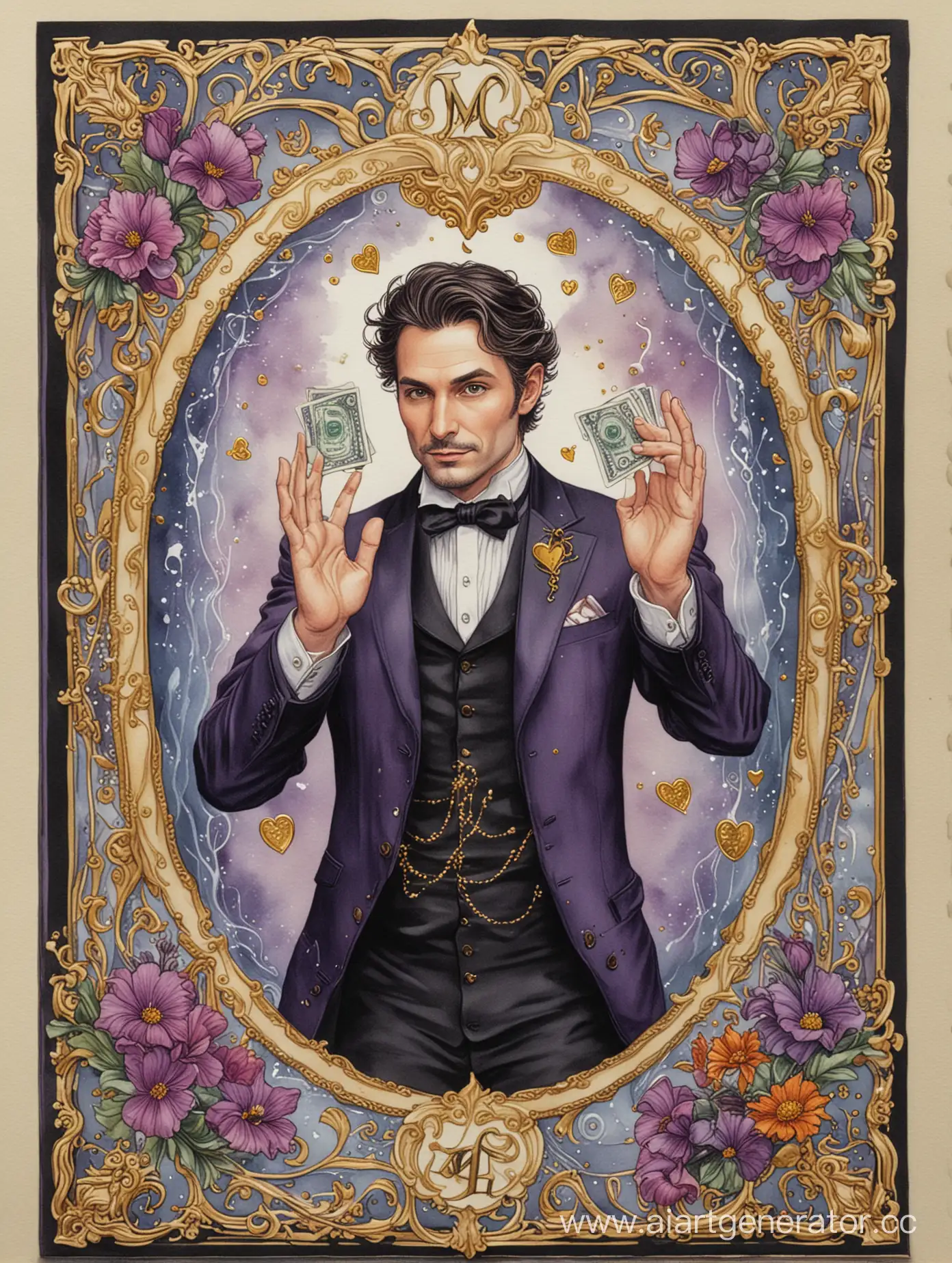 Magician-Tarot-Card-in-Watercolor-Modern-Businessman-Conjuring-Infinity-Symbol-with-Money-and-Hearts