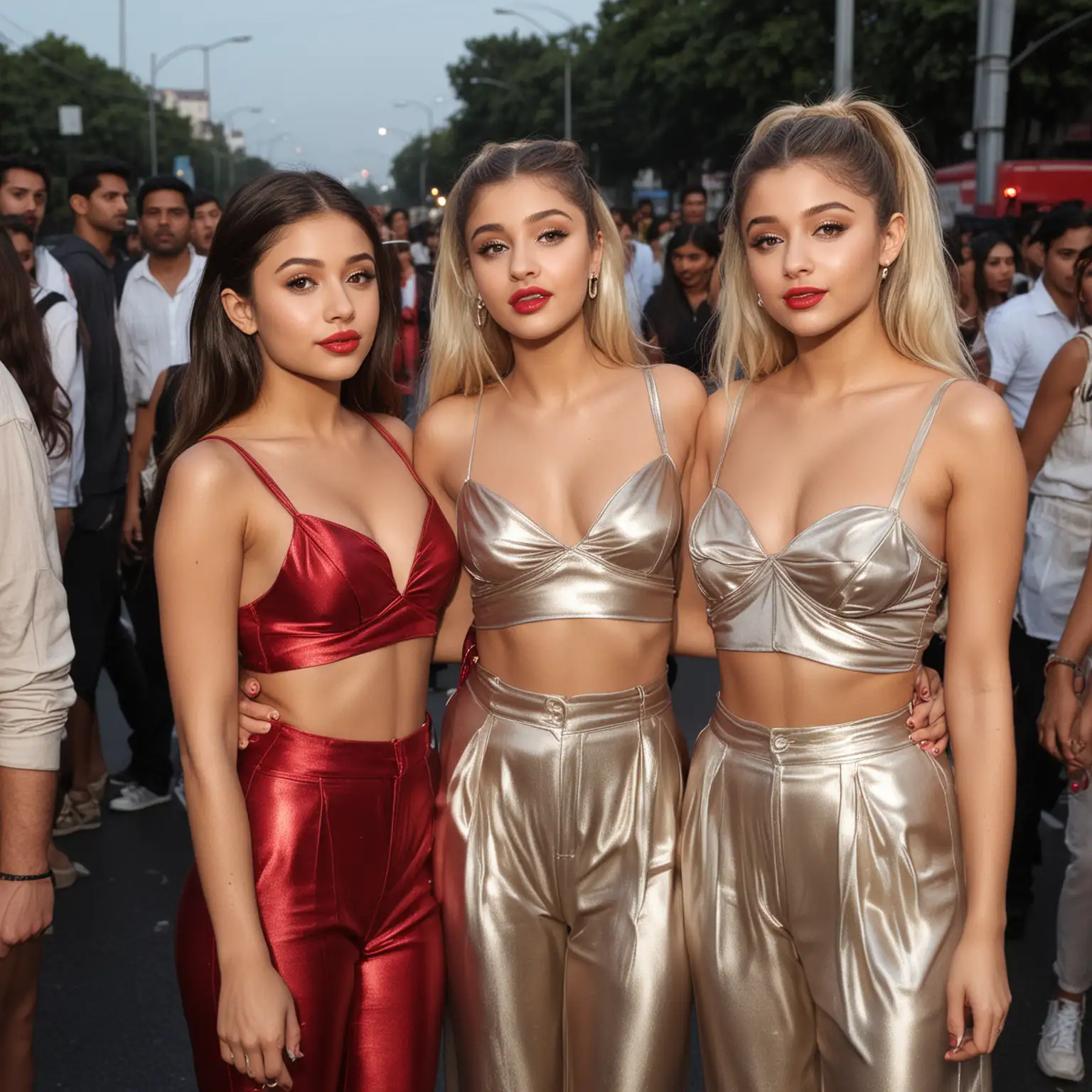 Flash photography, ISO-100 f/32 shot. Crowded Delhi road. Madison Beer, Ariana Grande and Nicola Peltz wearing only shiny slinky flowy silky chiffon satiny metallic pants, red glossy lipstick & lots of makeup and pouty lips. Kissing romantically while the everyone ogles at them.