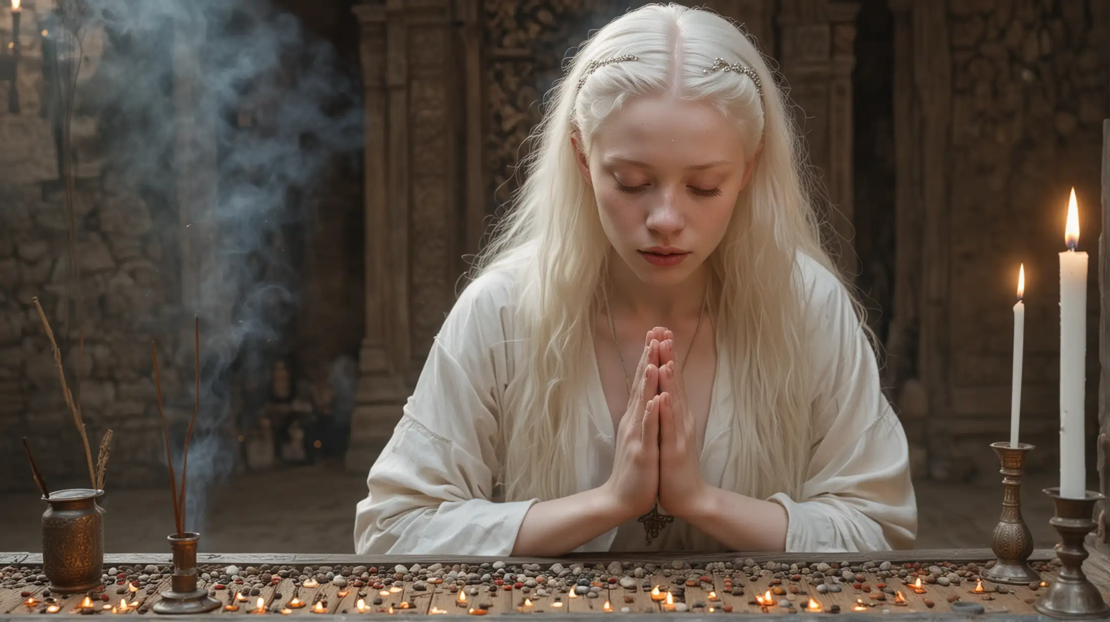 Young, silver-white haired albino beauty, freckled and pale, praying by an incense lit alter, back turned, medieval setting