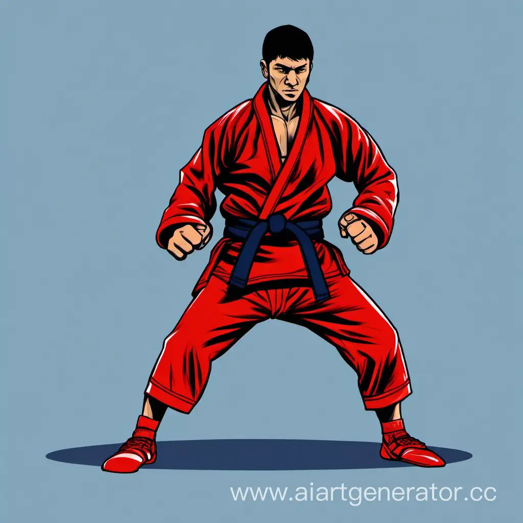 Dynamic-Sambo-Fighter-in-Red-Jacket-and-Shorts-with-Clenched-Fists-Vector-Image