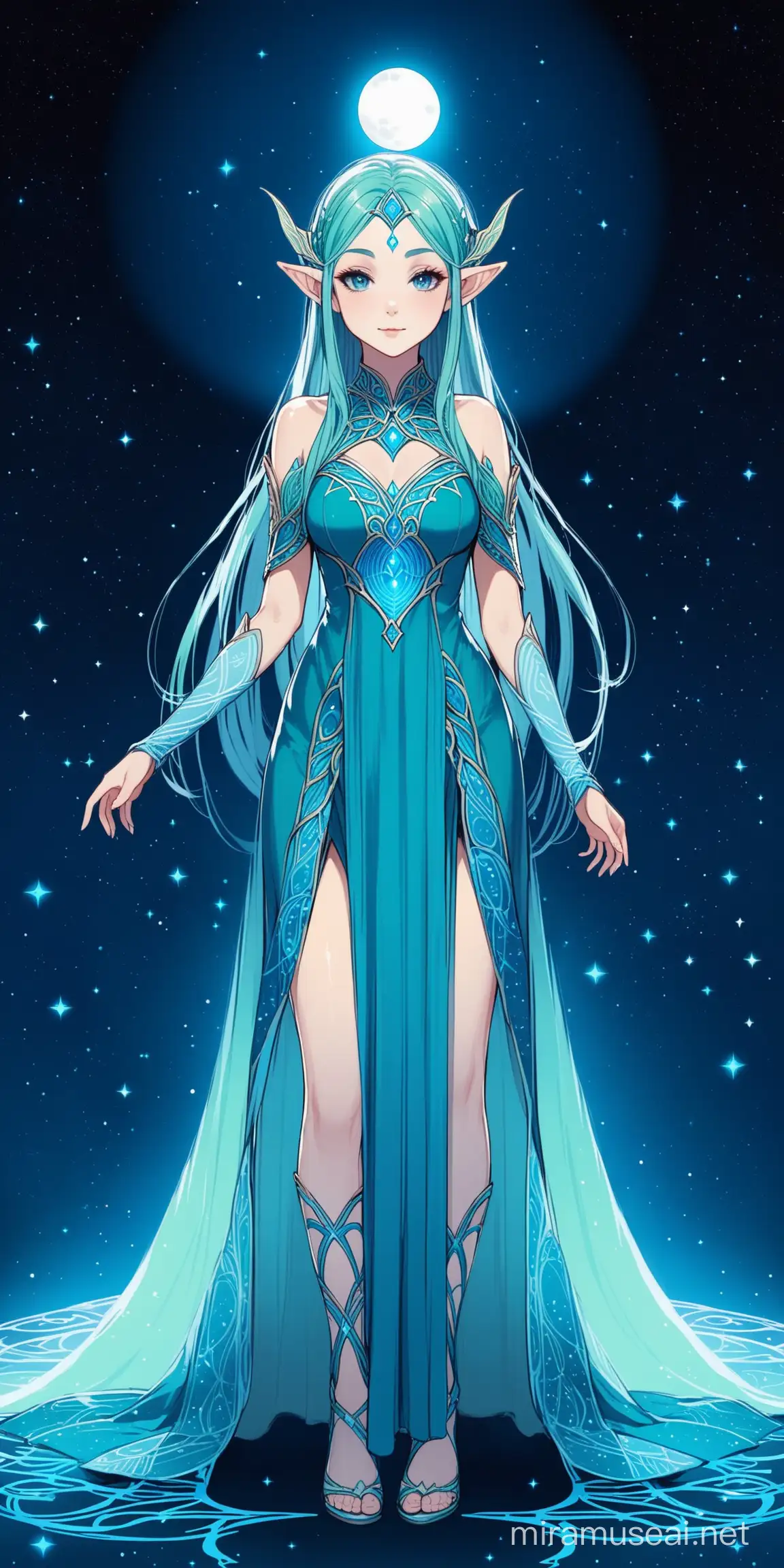 Elven girl, moon themed dress, blues colors, front facing, looking into the camera, full body,