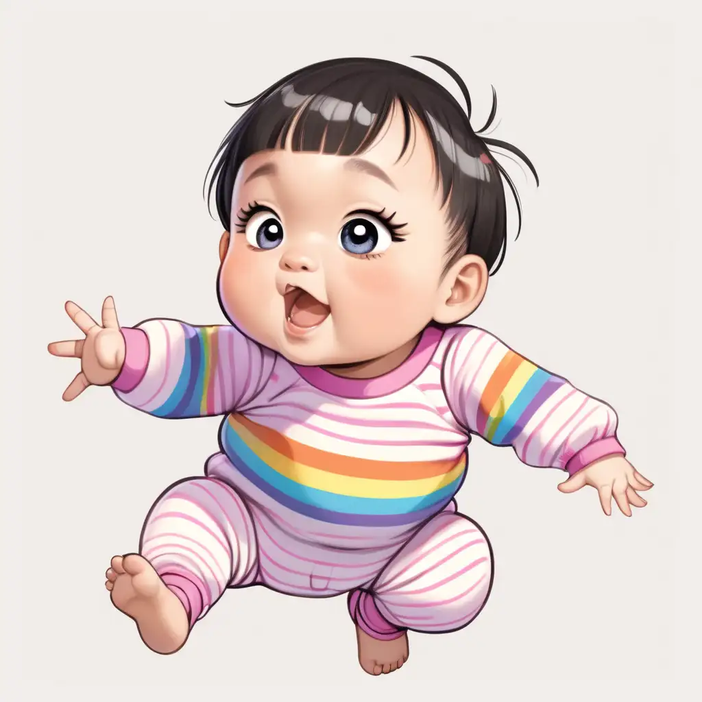 a cute chubby Asian infant baby girl with big eyes and long eye lashes with short hair and triangle bang , she is excited and jumping up with no shoes, she has 2 big dimples on her cheek, wearing a long sleeves onesie with rainbow stripes, no background