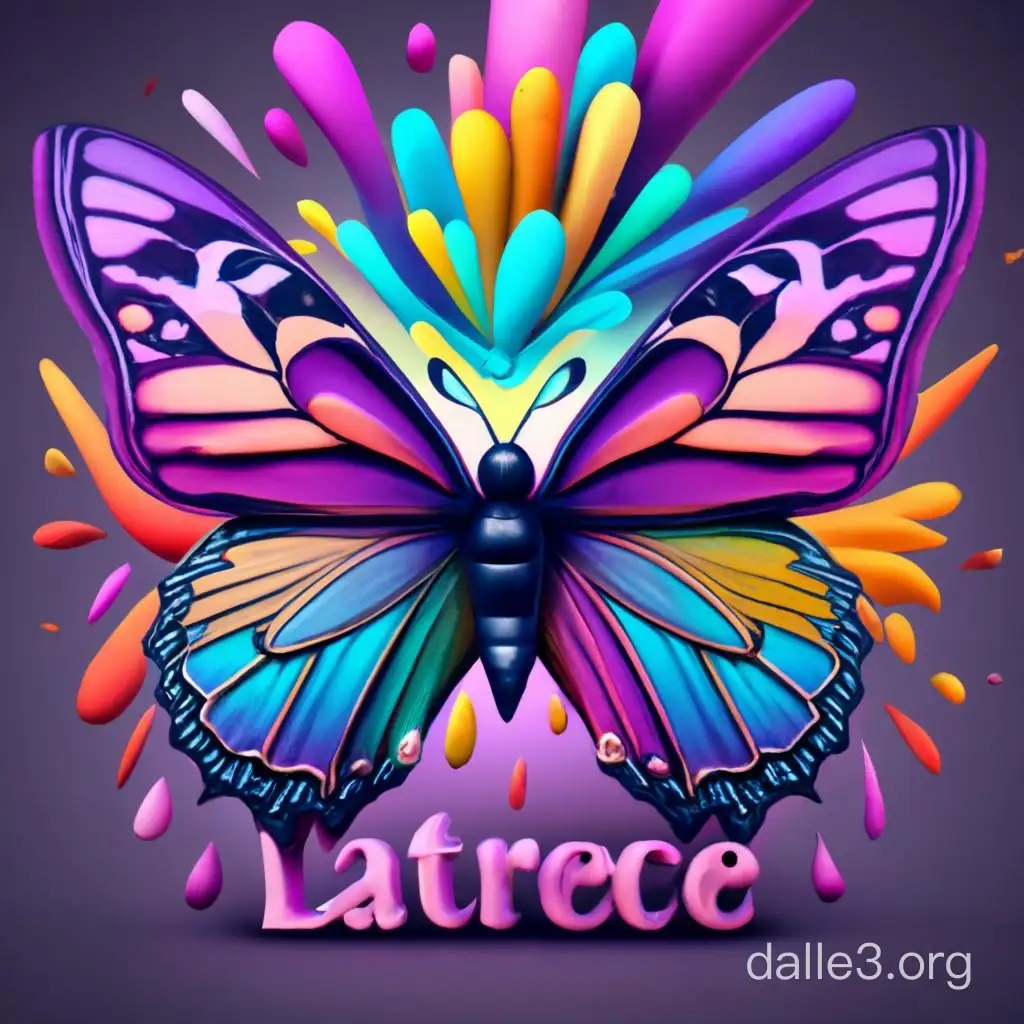 realistic 3D image text "Latrece" spelled exactly correct, In purple, engraved on a butterfly, exploding from vibrant purple colours,