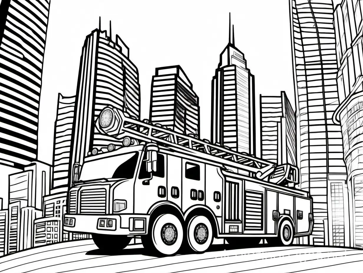 Futuristic fire truck in front of skyscrapers, Coloring Page, black and white, line art, white background, Simplicity, Ample White Space. The background of the coloring page is plain white to make it easy for young children to color within the lines. The outlines of all the subjects are easy to distinguish, making it simple for kids to color without too much difficulty