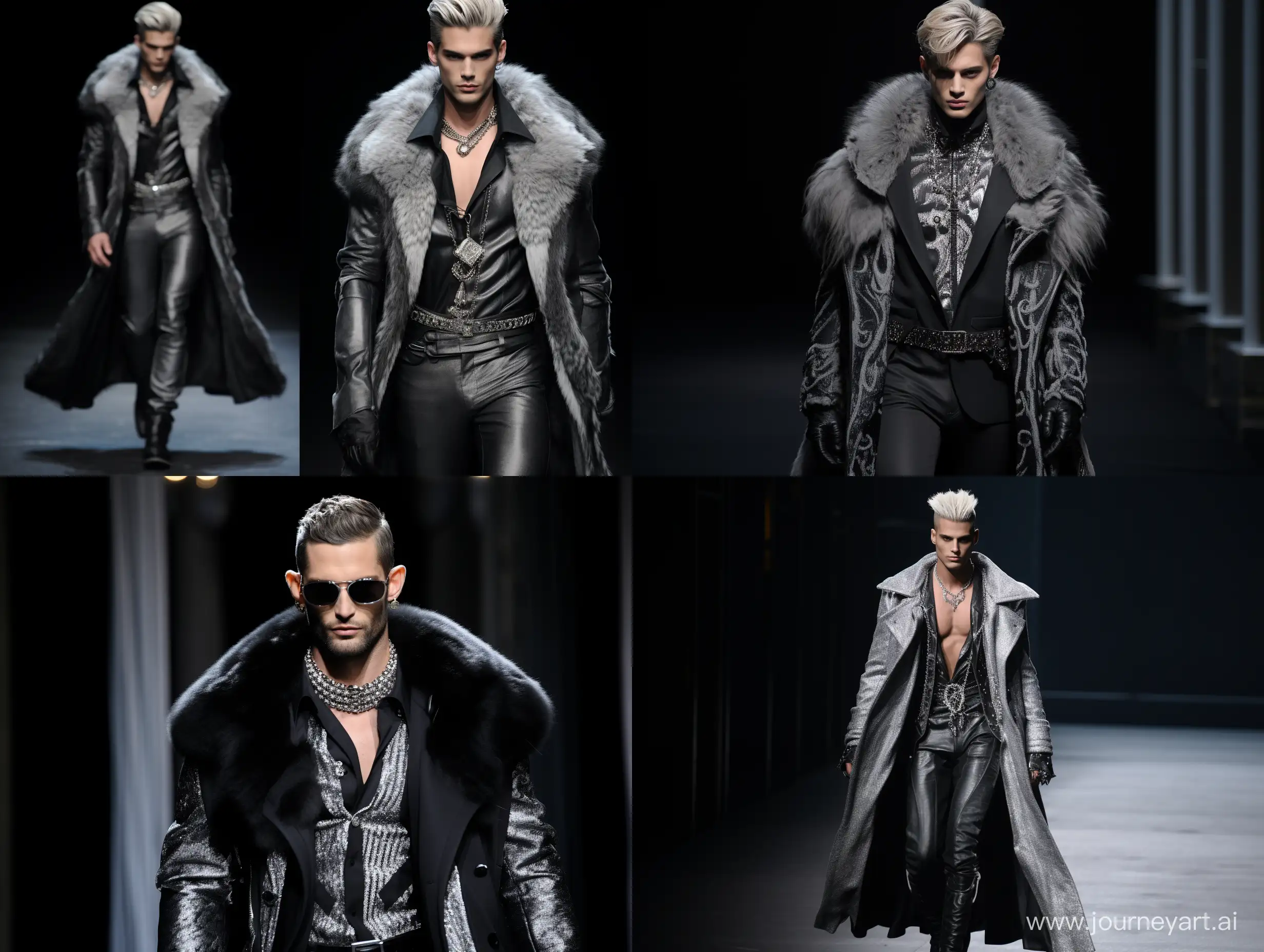 Male model handsome slim runway jeans coats black and silver vison mink jewerly 