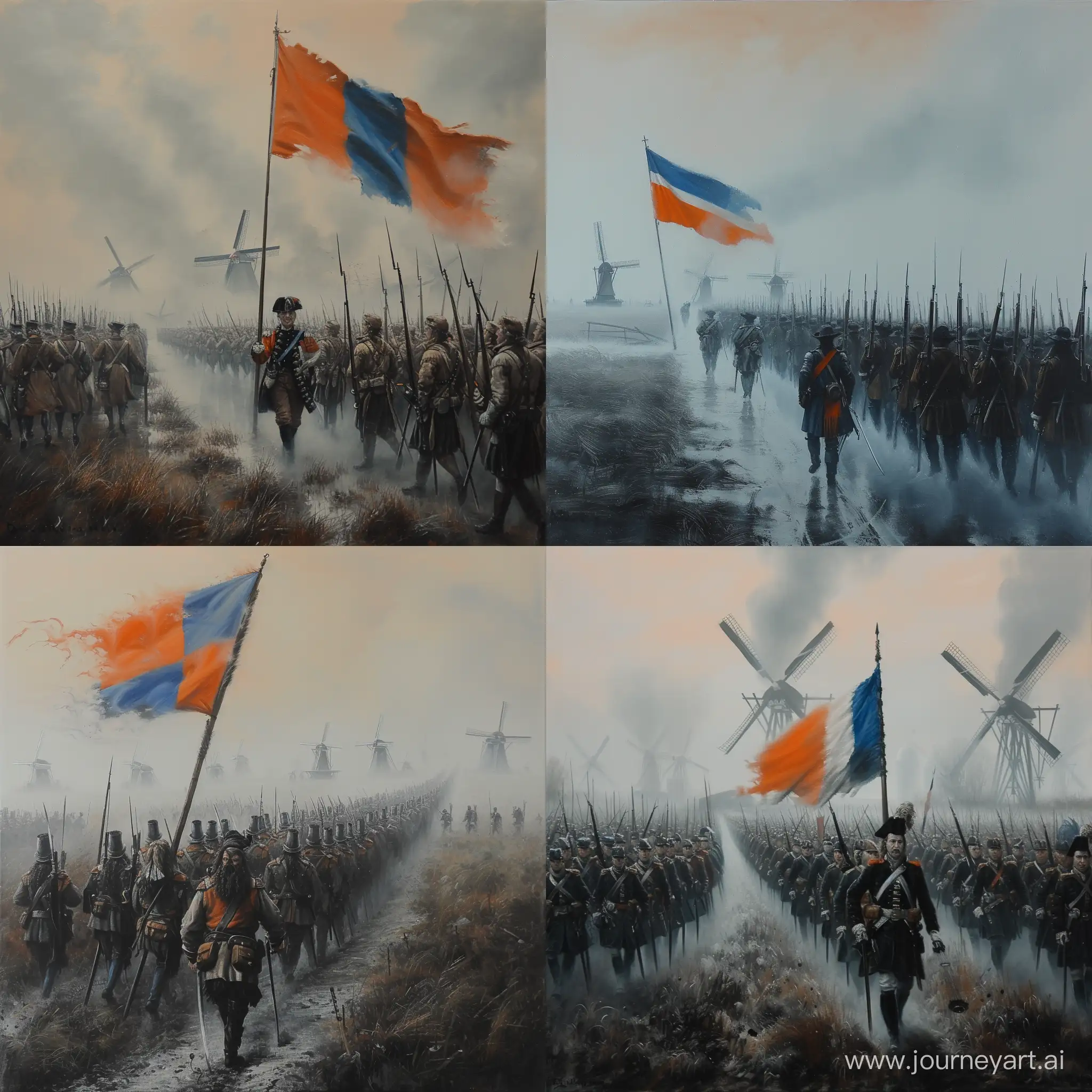 oil painting of a convoy of 17th century dutch soldiers marching in the thick fog, one of them is holding the orange-white-blue dutch flag, windmills in the background, low visibility
