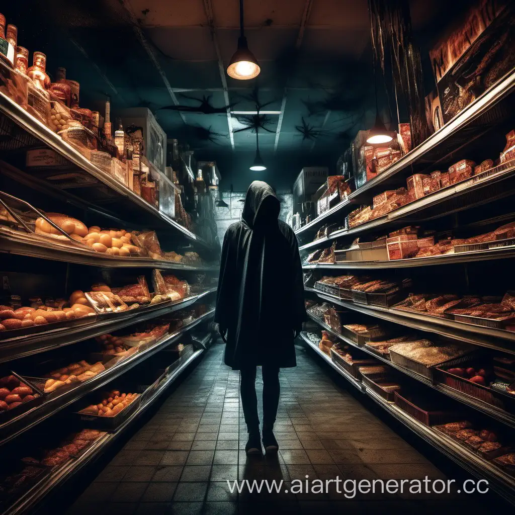 Испуганный человек бродит по страшному и темному магазину, его окружают страшные полки с едой, ужасающая атмосфера