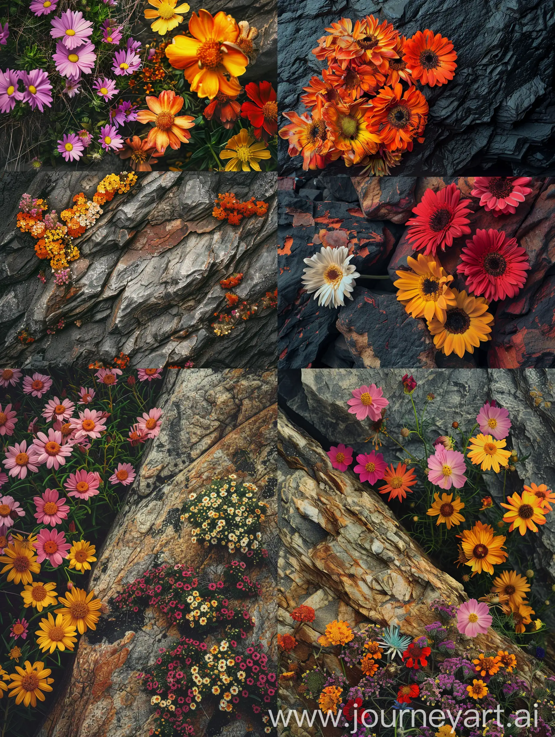 Image 1: Flowers - Rock, is made up of two images, I imagine the top half of the portrait image will be Flowers and the bottom half will be a Rock, vibrant flowers, rugged rock, DSLR camera, 85mm lens, color film, HDR processing