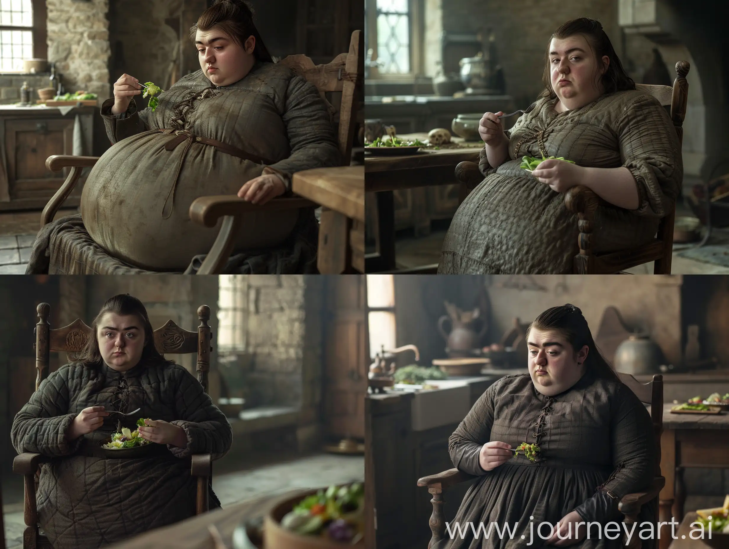 Arya Stark is in the Game of Thrones series, Arya Stark with a rounder body, Arya Stark is very very fat, Arya Stark's face and body are very fat, Arya Stark is sitting on a wooden chair in the kitchen of Winterfell Palace, Arya Stark is holding a fork is eating salad, Arya Stark is not looking at the camera, the camera shows a fat Arya Stark from a distance in a three-quarter profile, the style of The Witcher, the lighting is classic, realistic, q2