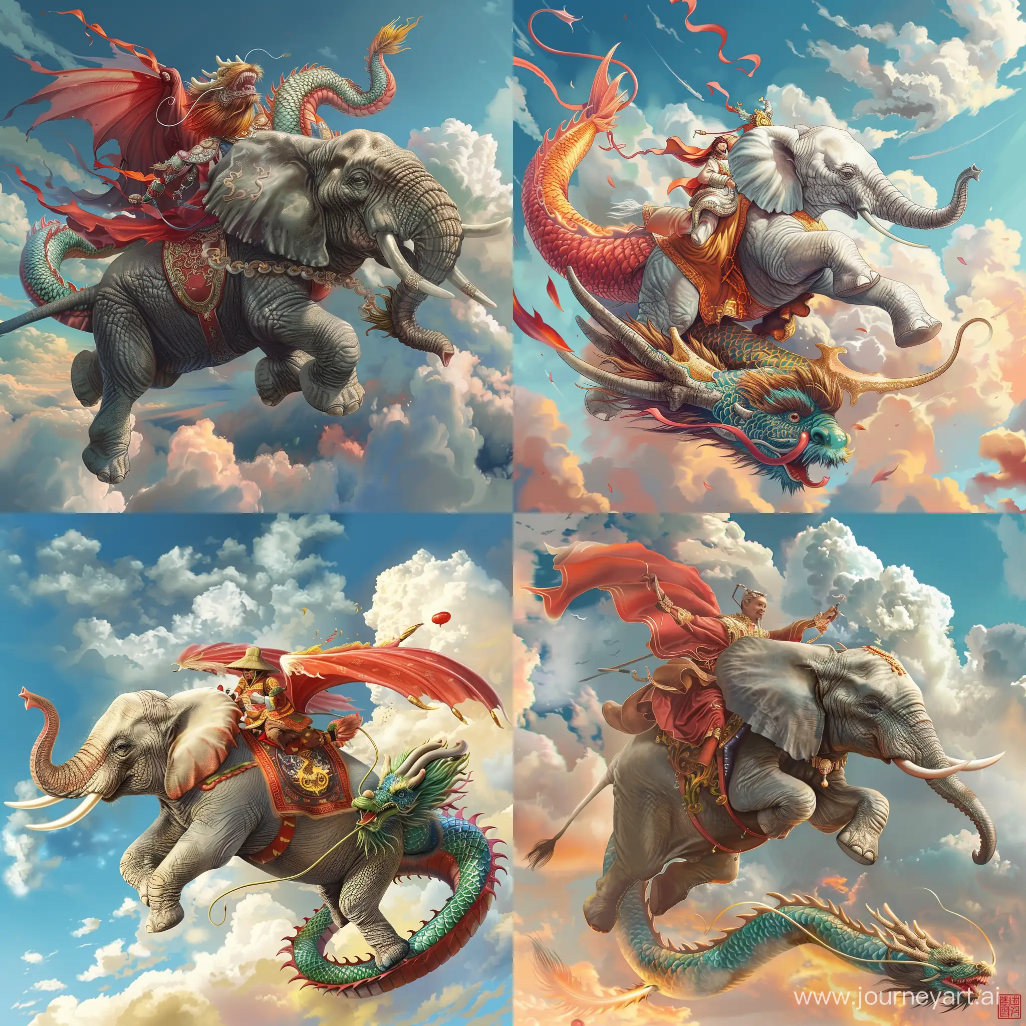 a PHP elephant riding a chinese dragon and flying in the sky.