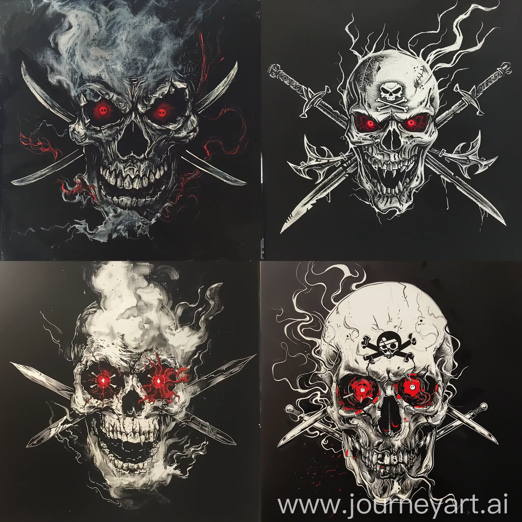 Sinister-Skull-with-Red-Glowing-Eyes-and-Smoking-Swords-on-Black-Background