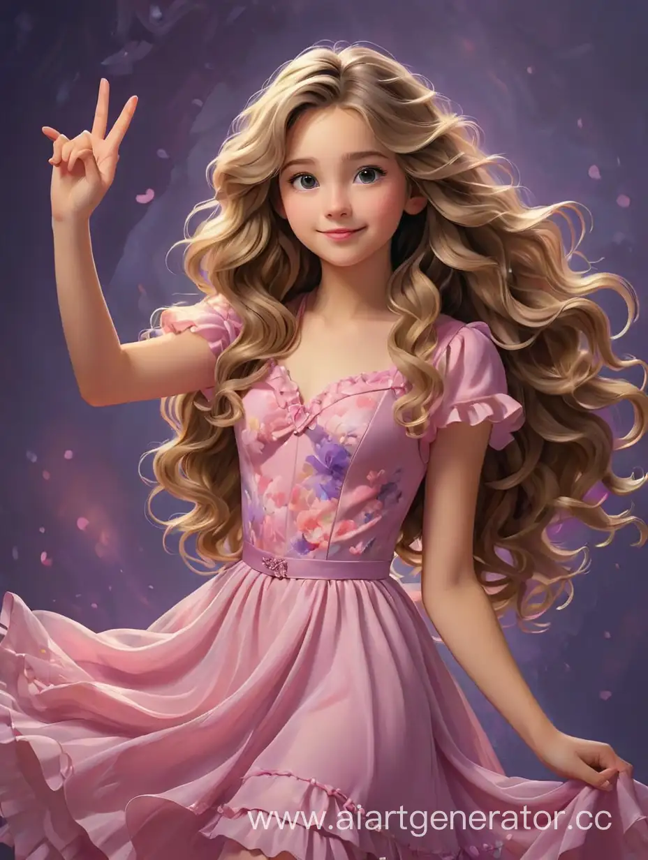 Teenage-Girl-in-Pink-Dress-with-Raised-Hand-in-Violet-and-Pink-Setting