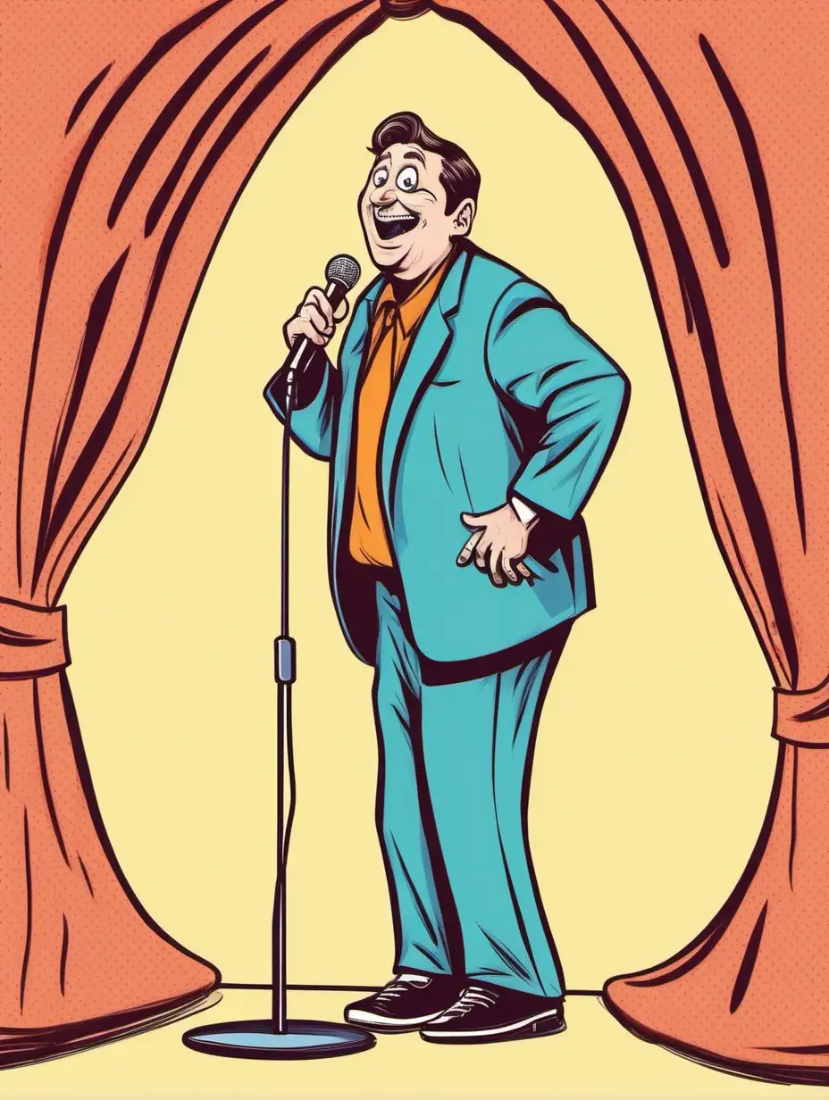 Cartoony,  color. A comedian onstage doing a show.  Simple background