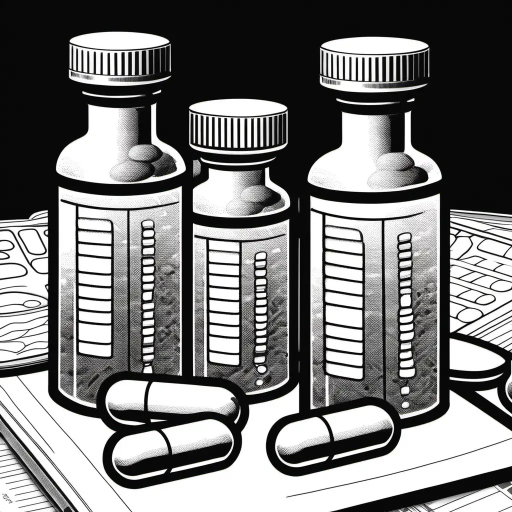three small bottles of medicine, pills,
coloring page, black and white, 8k, 85:110, red glowing light