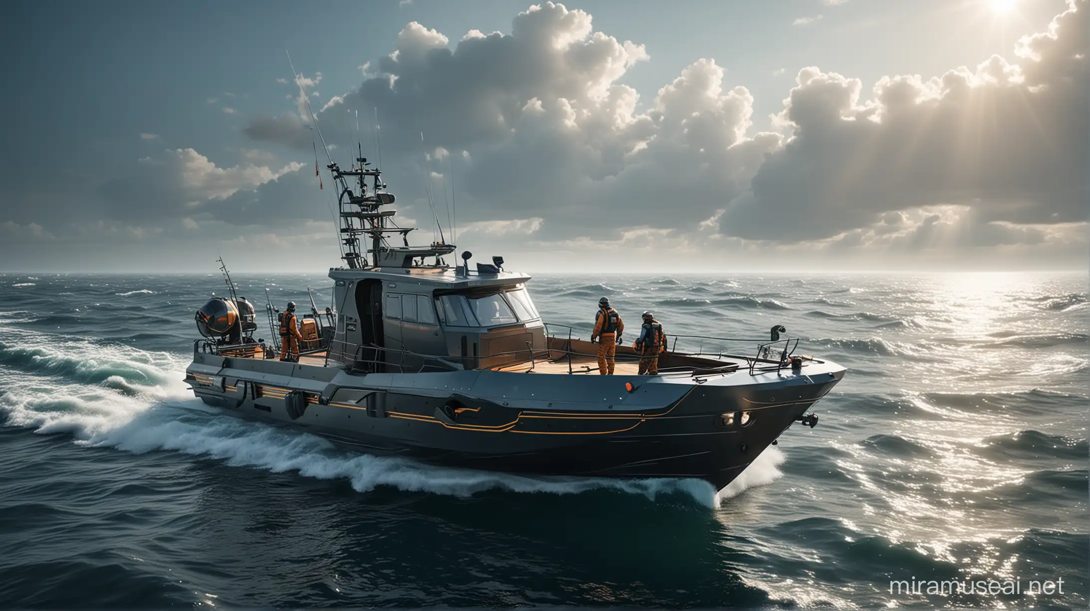 premium futuristic fisherman boat with equipment details and rendering in sea scene