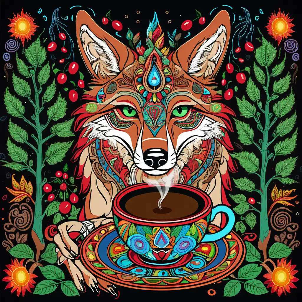 A coyote drinking strong coffee with smoke.  In an astral journey. Only outline design.  Huichol art colorful art style. Depictions of coffee trees with bright red coffee cherries an psychedelic green leafs  in the art. 
