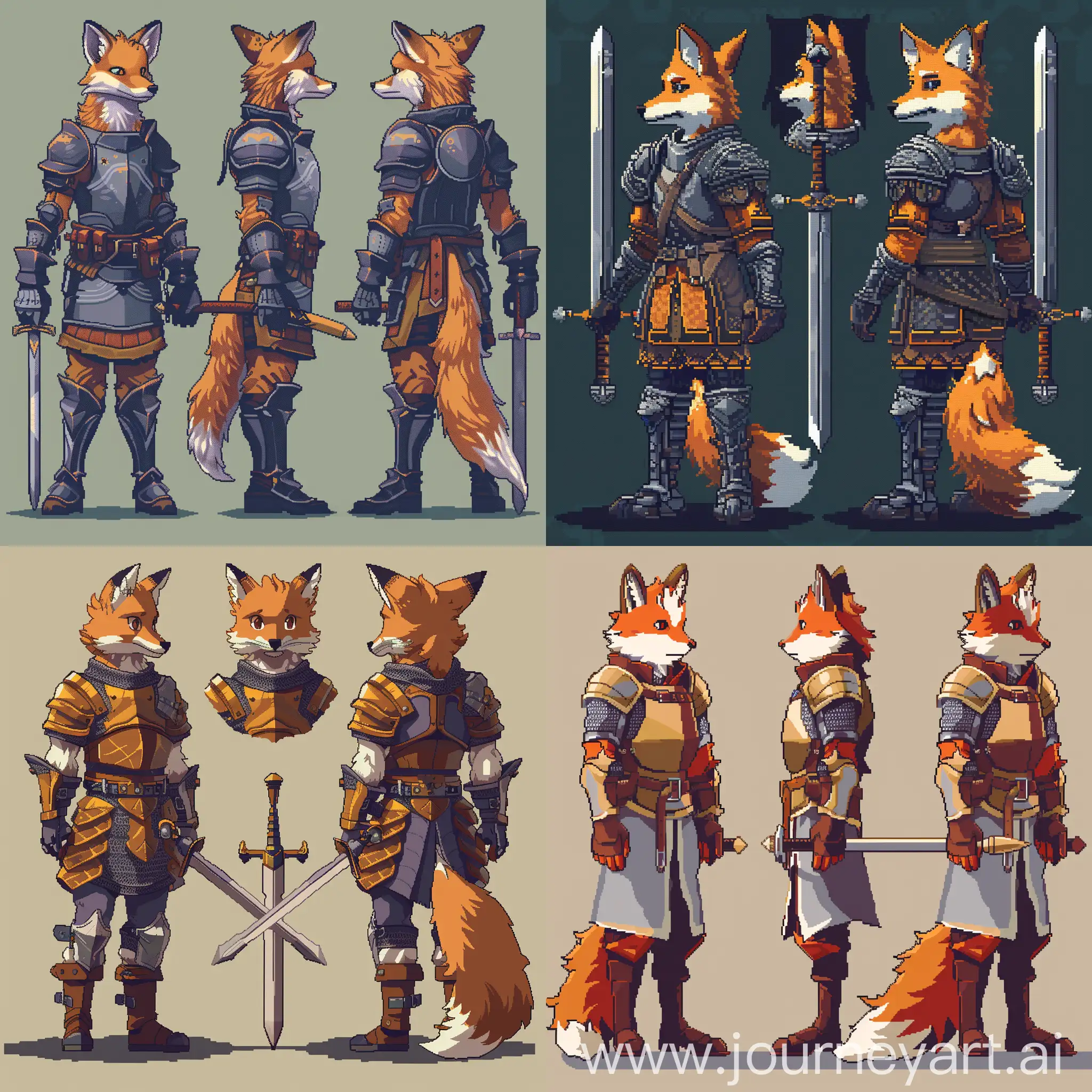 Pixel-Art-Fox-Swordsman-in-Medieval-Armor-with-Four-Views