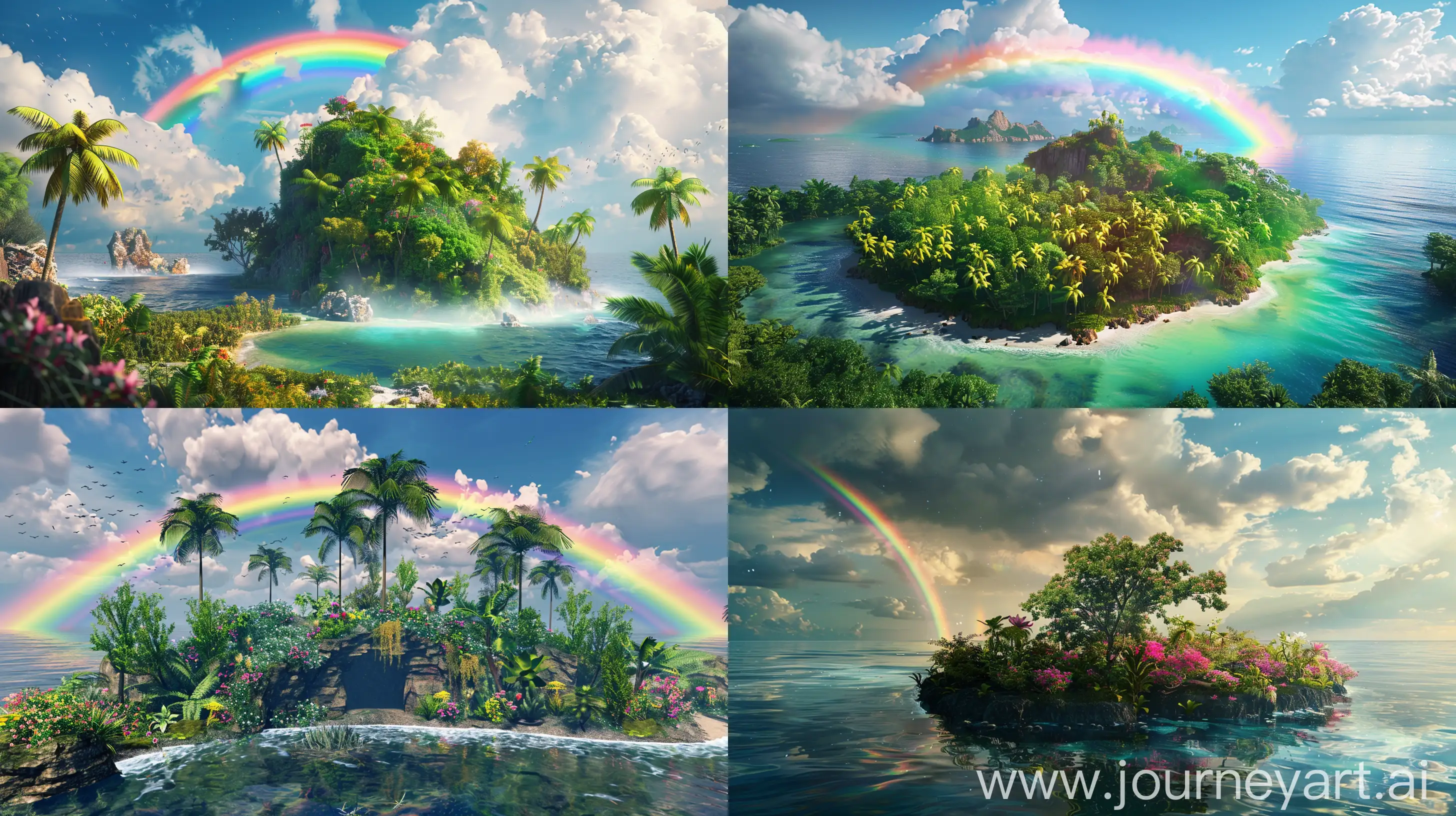 mixing of paradise and garden and island and rainbow, beautiful, fantasy style, realistic --ar 16:9