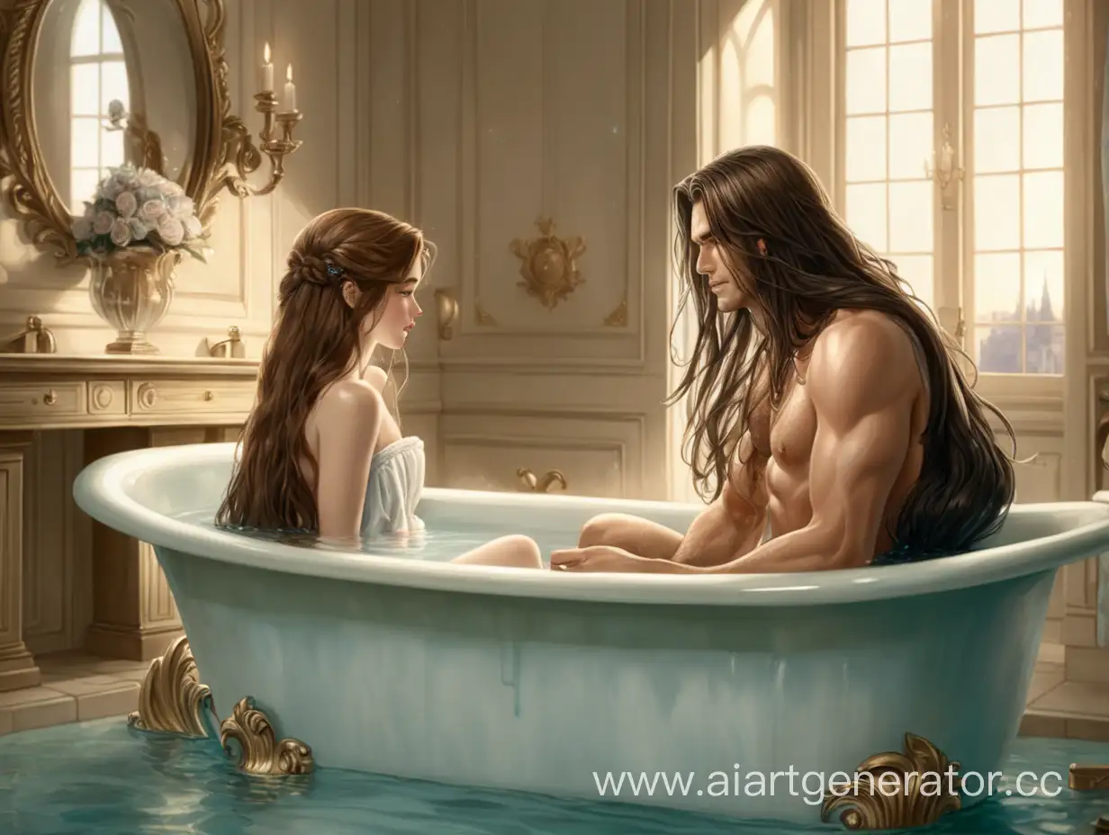 Красивый и элегантный мужчина с очень длинными волосами до пояса сидят в ванной вместе с девушкой с коричневыми волосами. 